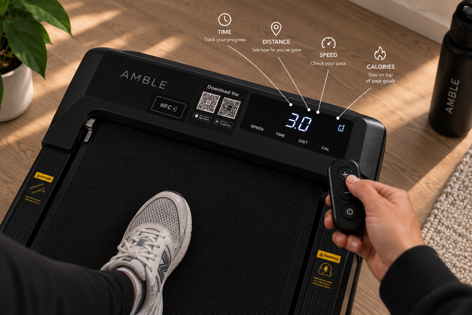 AMBLE Go LED display showing speed, time, distance and calories, with the handheld remote