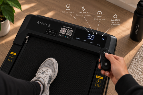 AMBLE Go LED display showing speed, time, distance and calories, with the handheld remote